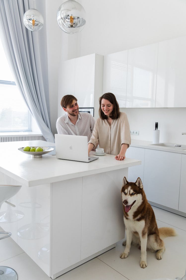 Smiling Couple With Dog And Laptop In Kitchen