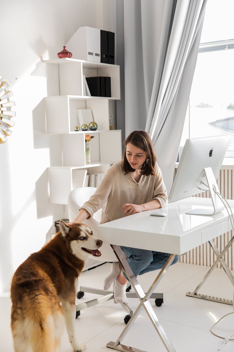 Woman Patting Dog In Room