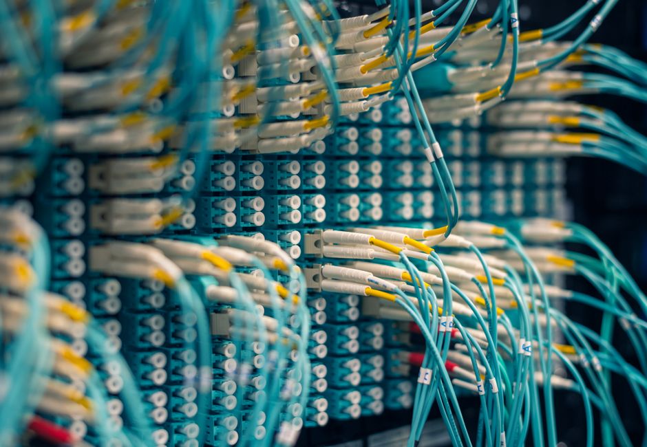 Closeup of rows of tiny round white electrical connectors and long thin blue wires in data center