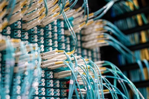 Free Patch Cables Plugged in Patch Panel Stock Photo