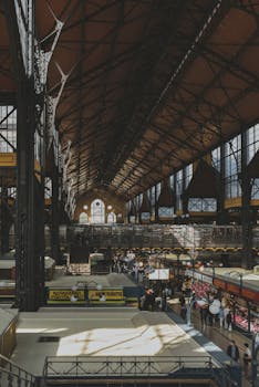 Interior view of the bustling Central Market Hall in Budapest, Hungary.