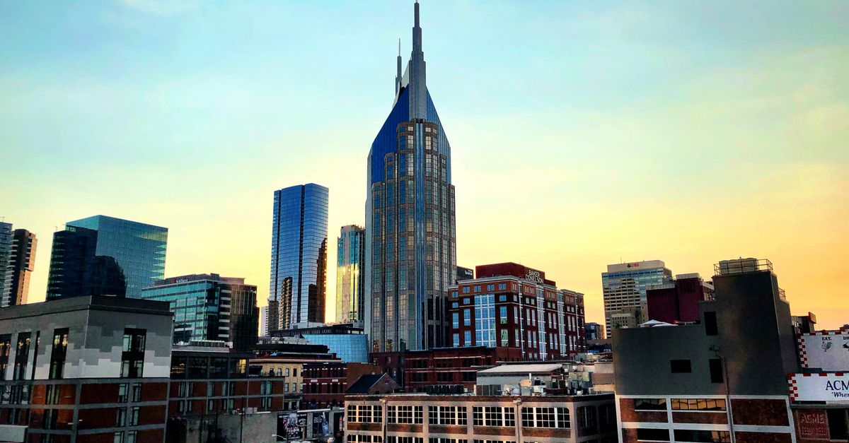 Captivating view of Nashville's skyline featuring the iconic AT&T Building during sunset.