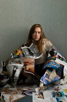 一位年轻有吸引力的长发女性坐在地板上，手里拿着一本撕下的杂志页