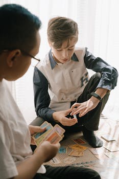 Two teenagers playing a strategic card game on the floor, enjoying leisure time indoors.
