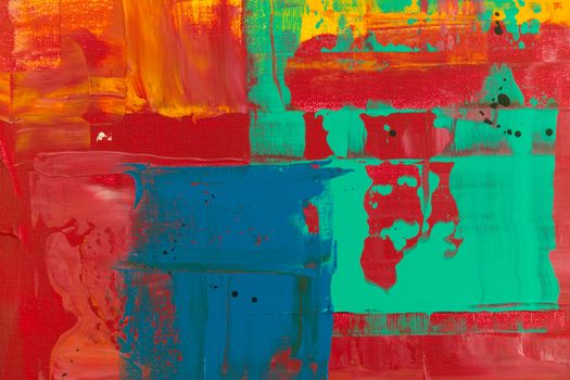 Colorful abstract painting featuring bold reds, blues, and greens in acrylic on canvas.