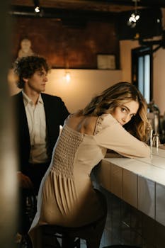 一对穿着优雅的夫妇在时尚的餐厅酒吧共享片刻