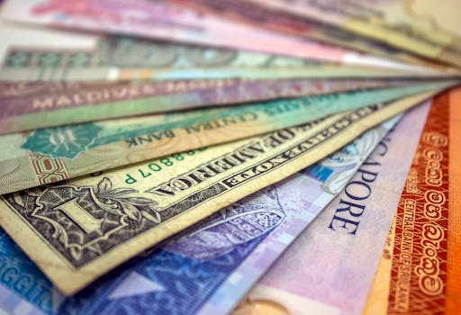 A close-up view of various international banknotes showcasing diverse currencies.