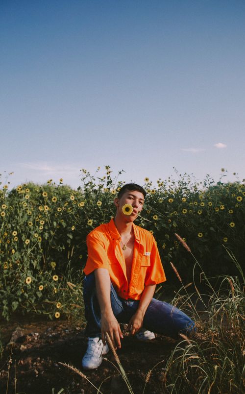 Free Full body of serious male with yellow flower in teeth squatting near green blooming plants against blue sky in nature Stock Photo
