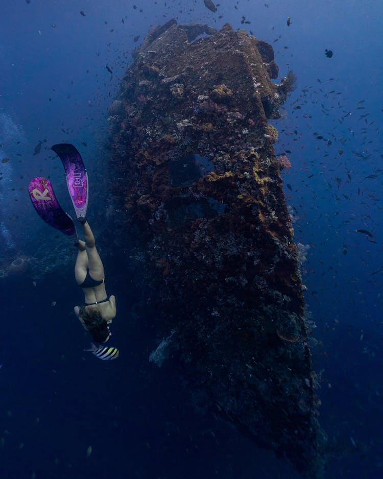 Woman Swimming Underwater Near A Shipwreck