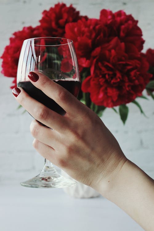 Woman Holding a Glass of Red Wine on the Background of a Bunch of Red Flowers 