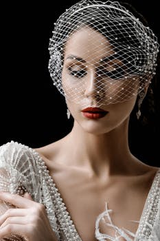 新娘身着点缀珍珠的礼服，头戴网纱，优雅动人