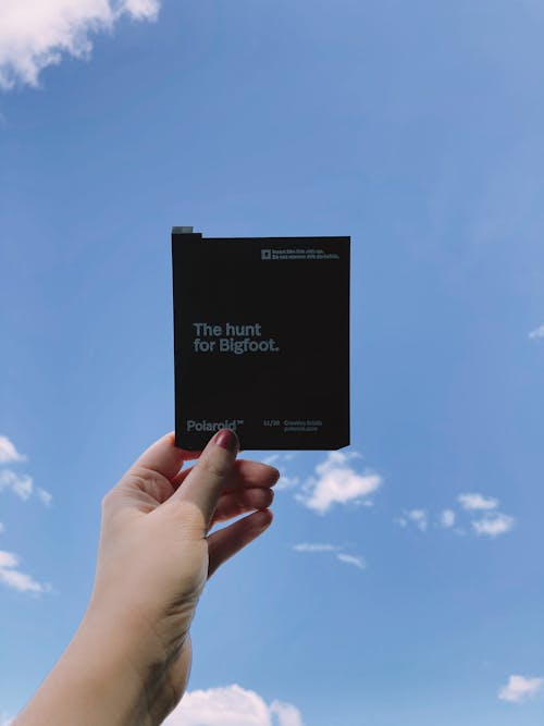 Perspective view of unrecognizable person holding black case for instant pictures under clear blue sky