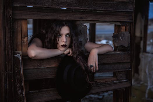 黑发女人在乡村户外木结构前时尚地摆着姿势