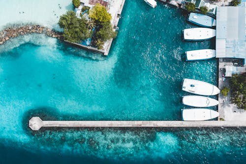 Aerial top view motorboats moored on turquoise seawater near long pier and coastal settlement on sunny day