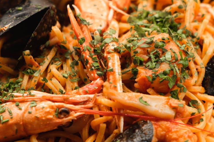 Delicious Pasta With Shrimps And Oysters