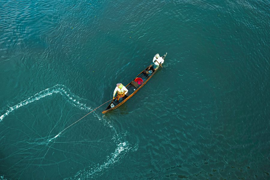 Bird's eye view of fishermen at sea