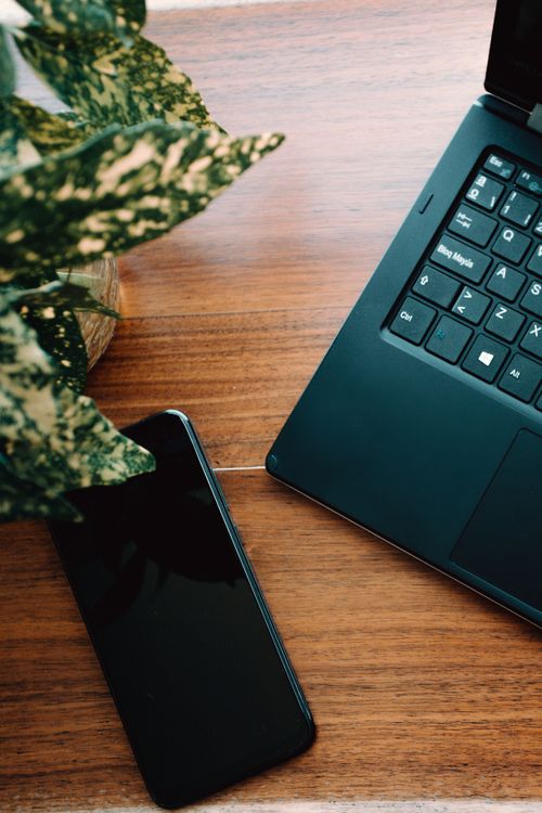 Free Top view of a smartphone and laptop on a wooden desk with a plant, ideal for tech themes. Stock Photo