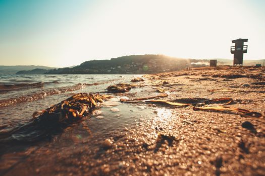 Amazing scenery of calm sea with hills and lighthouse standing on coast under colorful summer sunset