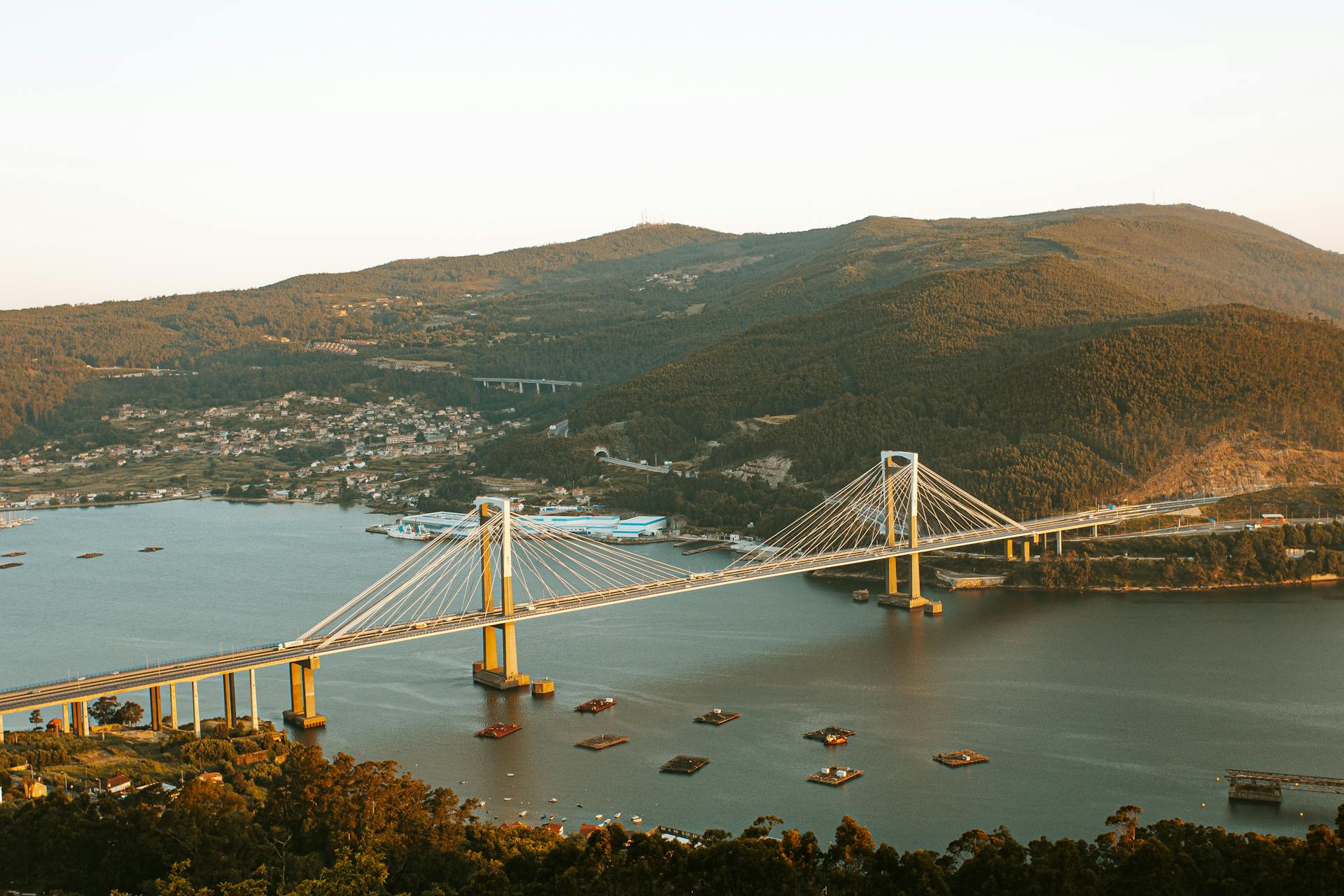 A stunning aerial view of the Rande Bridge spanning Vigo Bay with surrounding hills and water.