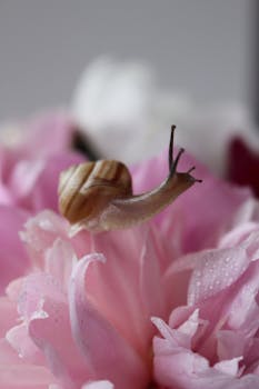 Close-up of a snail crawling on a pink flower with dew drops.