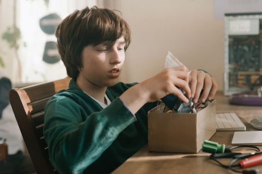 小男孩在电脑桌前专注地探索电子元件，体现了对技术的热情
