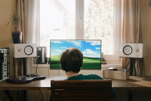 Teenager sitting indoors at a computer enjoying summer. Back view with sound system and natural lighting.