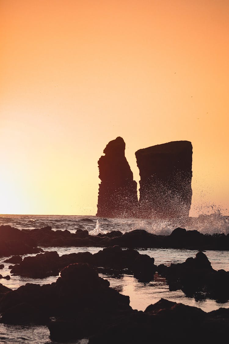 Ilhu Dos Mosteiros Rock Formations At Sunset, Sao Miguel