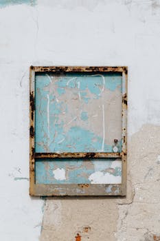 墙壁开裂，金属框架生锈，油漆剥落，表面纹理丰富