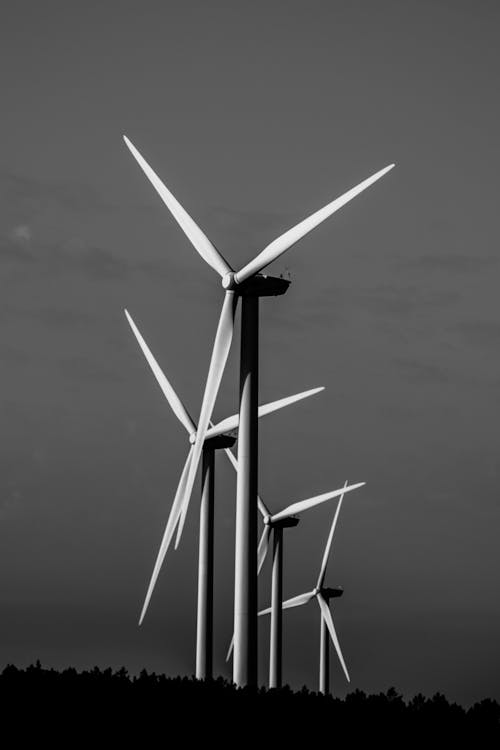 Grayscale Photo of Wind Turbines
