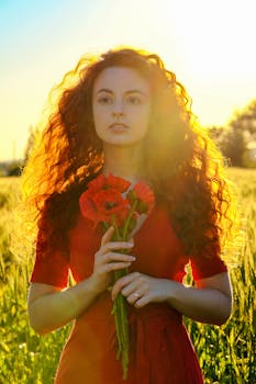 阳光明媚的日子里，她留着长长的卷发，穿着连衣裙，站在草地上，手里拿着一朵红色的罂粟花