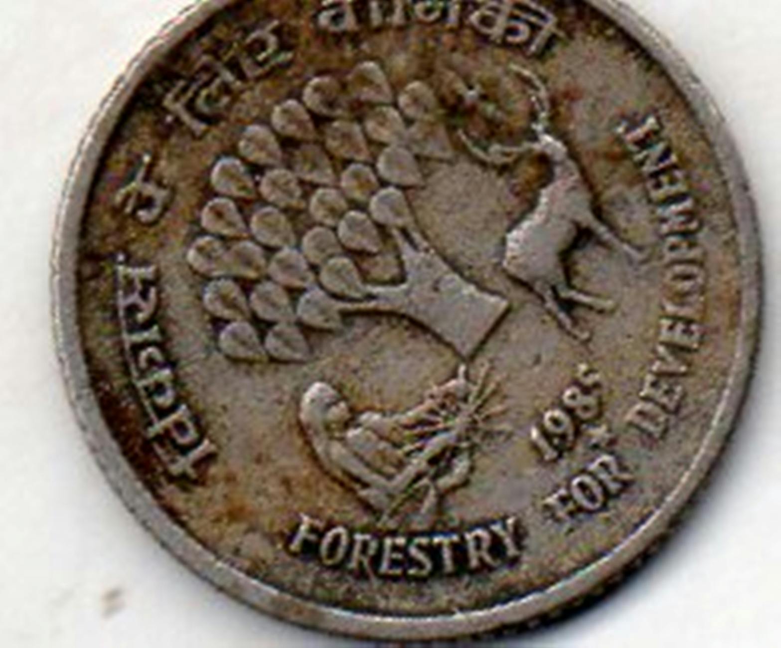 Detailed close-up of a vintage Indian coin commemorating forestry development, dated 1985.