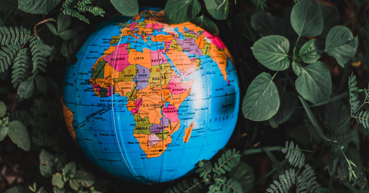 A vibrant plate with local vegetables next to a globe, showing the connection between food and planet