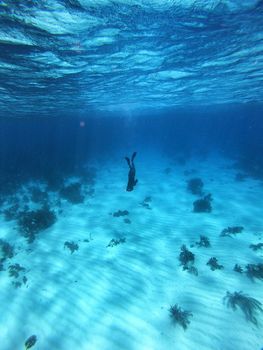 An adventurous diver exploring a vibrant and colorful coral reef underwater, showcasing marine life and beauty.