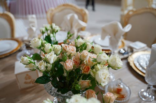 White and Pink Roses in the Glass Vase