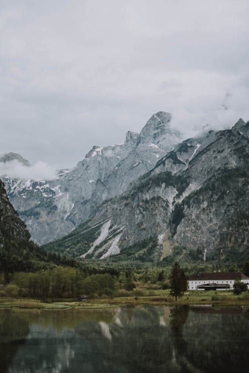 Picturesque scenery of snowy mountains and lake