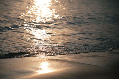 Free Tranquil ocean waves reflecting sunlight during the golden hour, creating a peaceful seashore scene. Stock Photo