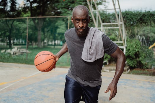 Adult male playing basketball outdoors on a sunny day, showcasing movement and focus.