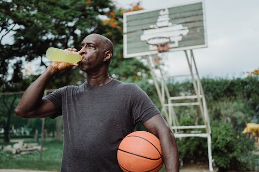 A man drinking a sports drink while holding a basketball on an outdoor court.