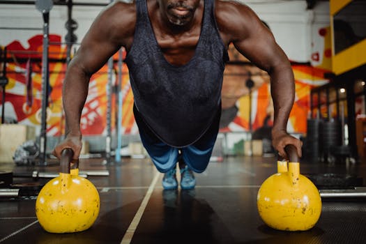A determined man in a gym performing push-ups on kettlebells for strength training.