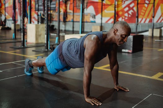 Focused black man doing push-ups with determination in a colorful gym setting.