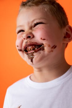 A joyful child enjoying a chocolate treat with a messy face against an orange background.