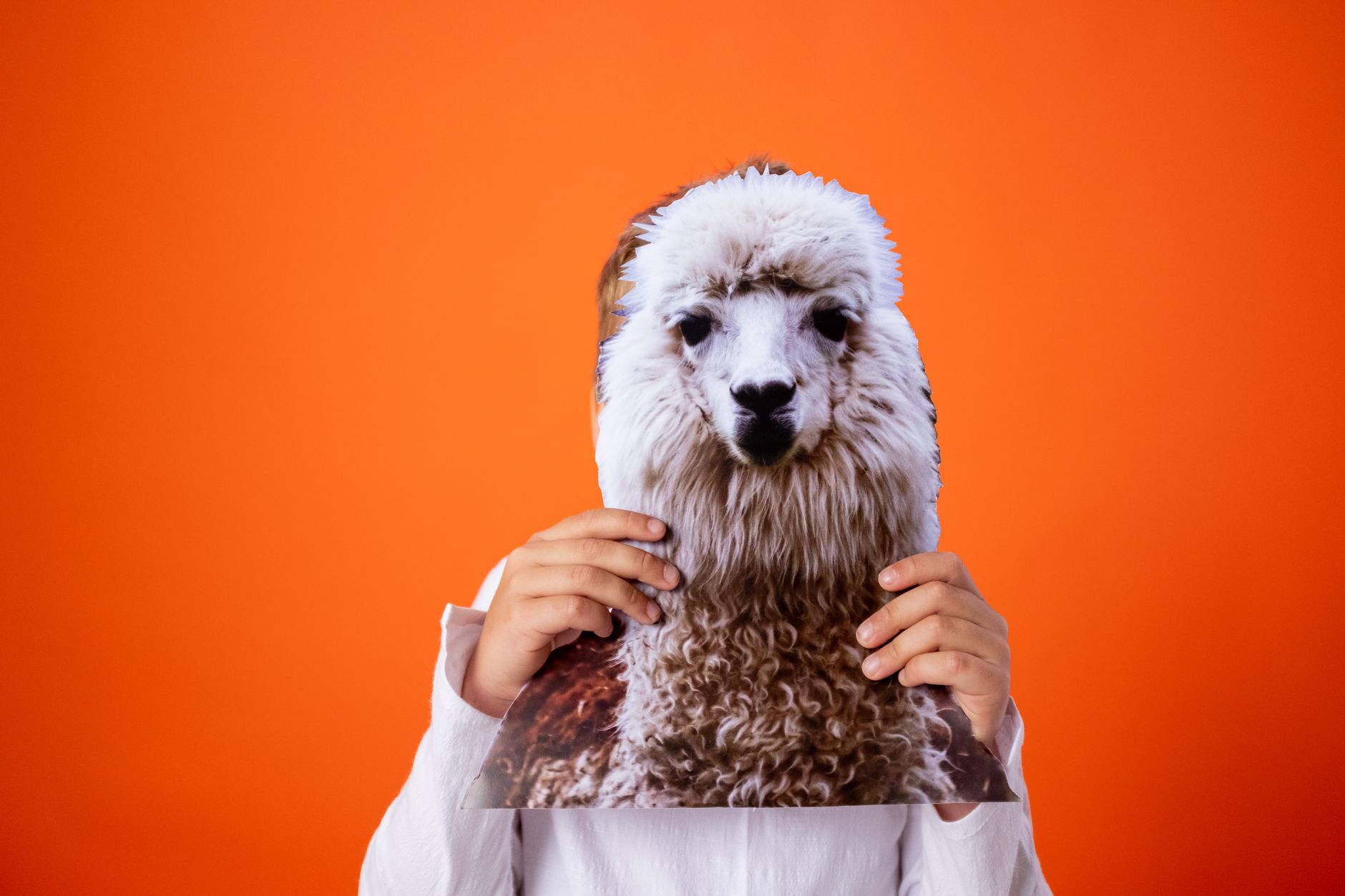 A child holding a llama mask against a bright orange background for a playful and joyful theme.