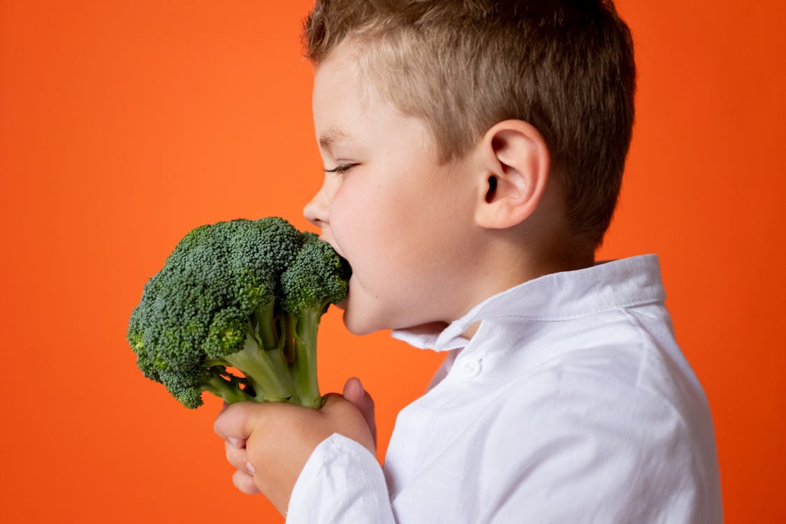 Kostenlos Junge Im Weißen Hemd, Das Grünes Gemüse Hält Stock-Foto