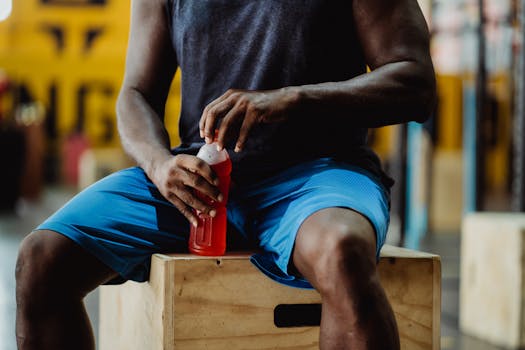 A man sitting on a wooden box, holding a red sports drink, taking a break from exercise.