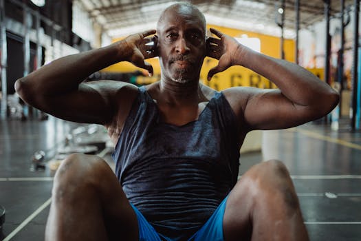 A senior man performing sit-ups in a gym, showcasing dedication to fitness.