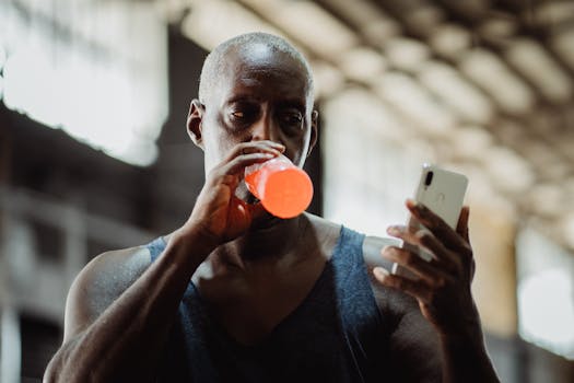A man enjoys a refreshing sports drink while checking his smartphone indoors.