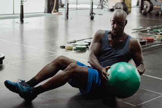Fit man exercises with an exercise ball in a modern gym setting.