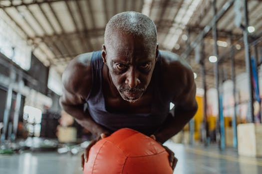 Focused older man performing intense workout with a medicine ball in a gym setting.
