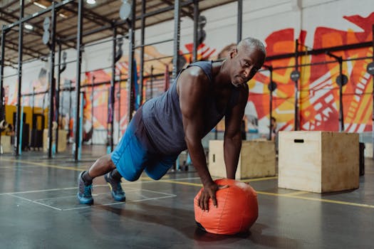 Adult man in gym performing push-up on fitness ball, showcasing strength and endurance.