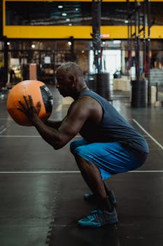 Side view of an African American man squatting with a medicine ball in a gym setting, showcasing strength and balance.